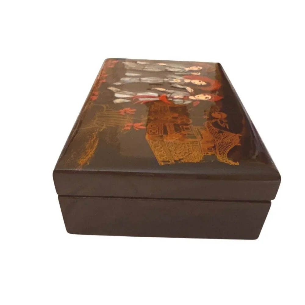 Japanese Black Lacquer Jewelry Box With Mother Of Pearl Inlay & Red Velvet Inter